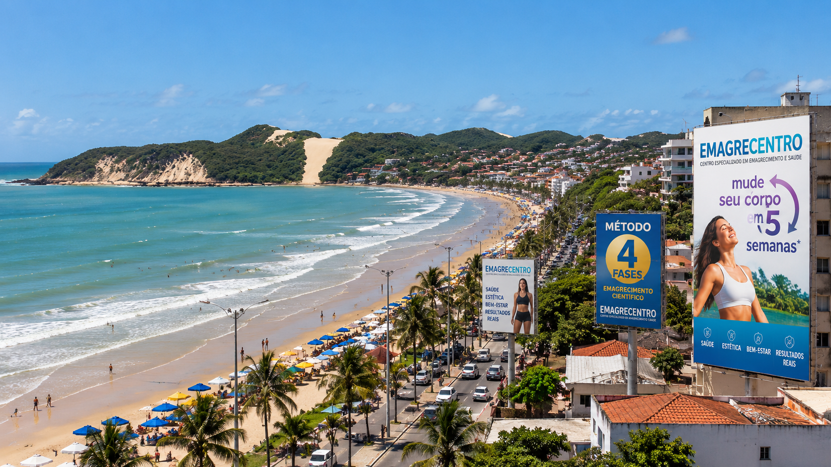 Vista de Natal — RN com outdoors da Emagrecentro, cuidando de pessoas e transformando vidas